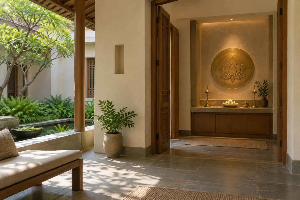 AI-generated puja room design concept: verandah-linked prayer room, courtyard modern direction