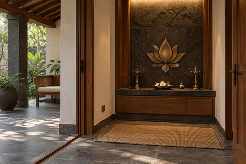 AI-generated puja room design concept: verandah-linked prayer room, deccan stone direction