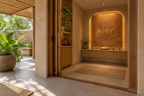 AI-generated puja room design concept: verandah-linked prayer room, earth and bamboo direction