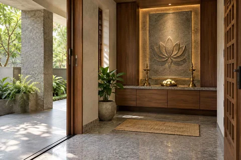 AI-generated puja room design concept: verandah-linked prayer room, granite precision direction