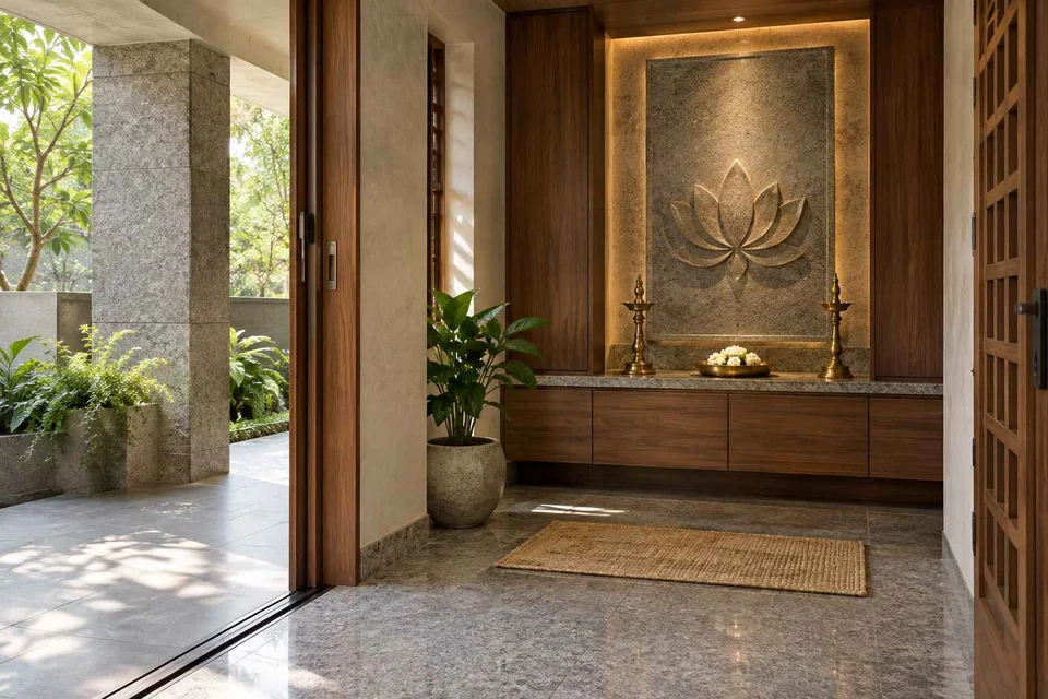 AI-generated puja room design concept: verandah-linked prayer room, granite precision direction