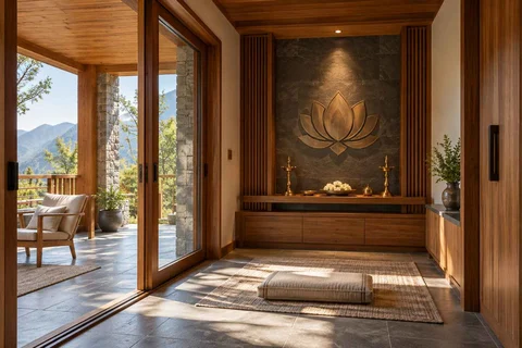 AI-generated puja room design concept: verandah-linked prayer room, hill timber direction