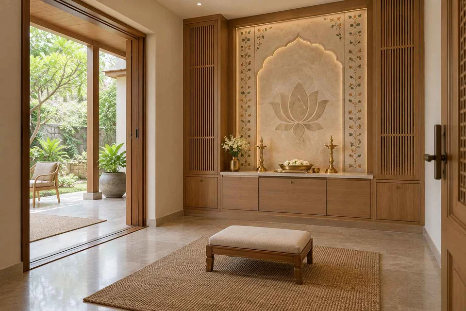 AI-generated puja room design concept: verandah-linked prayer room, inlay atelier direction