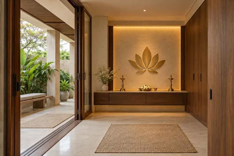 AI-generated puja room design concept: verandah-linked prayer room, lime and walnut direction