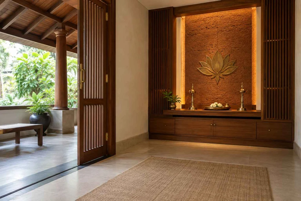 AI-generated puja room design concept: verandah-linked prayer room, malabar timber direction