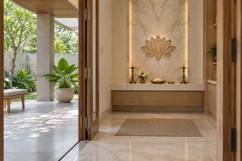 AI-generated puja room design concept: verandah-linked prayer room, marble restraint direction