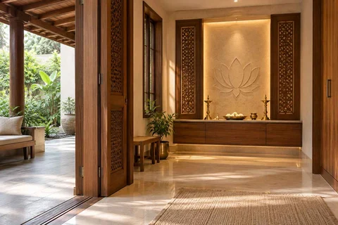 AI-generated puja room design concept: verandah-linked prayer room, modern carved direction