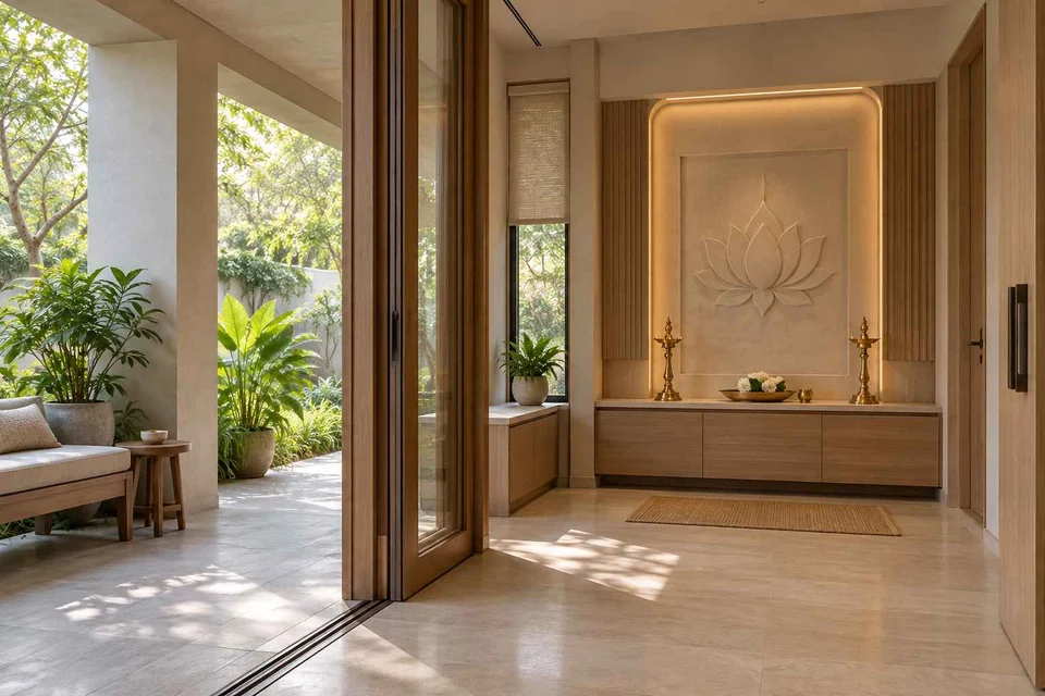 AI-generated puja room design concept: verandah-linked prayer room, quiet contemporary direction