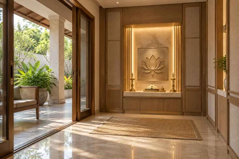 AI-generated puja room design concept: verandah-linked prayer room, quiet transitional direction
