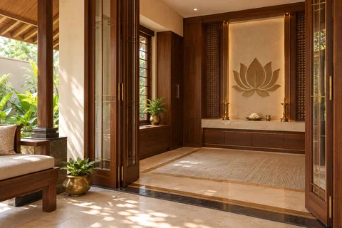 AI-generated puja room design concept: verandah-linked prayer room, rosewood brass direction