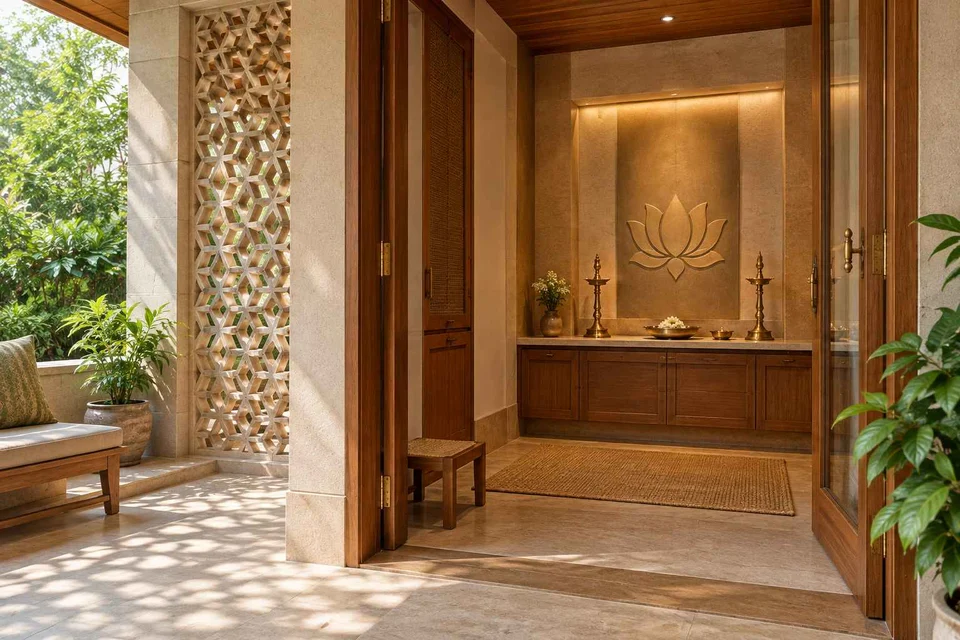 AI-generated puja room design concept: verandah-linked prayer room, sandstone lattice direction