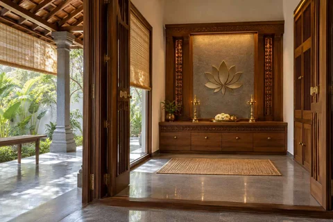 AI-generated puja room design concept: verandah-linked prayer room, teak craft direction