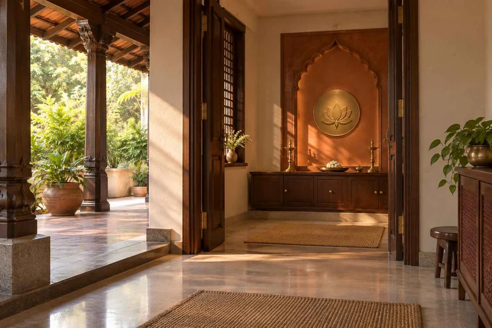 AI-generated puja room design concept: verandah-linked prayer room, terracotta heritage direction