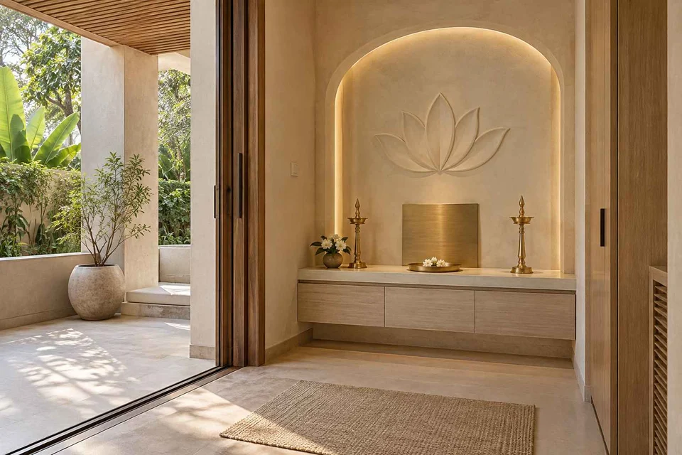 AI-generated puja room design concept: verandah-linked prayer room, textured mineral direction