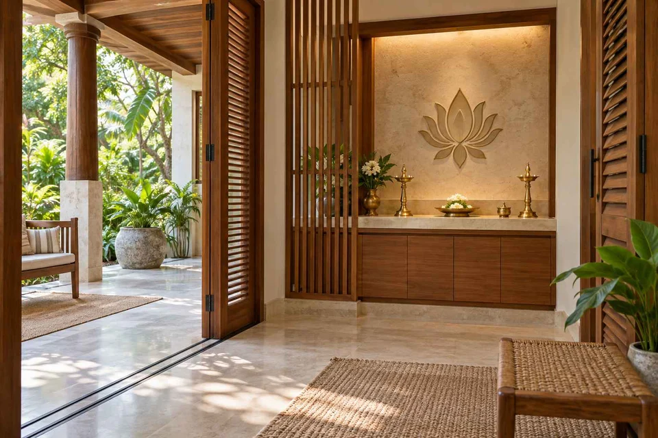AI-generated puja room design concept: verandah-linked prayer room, tropical slatted direction