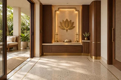 AI-generated puja room design concept: verandah-linked prayer room, urban deco direction