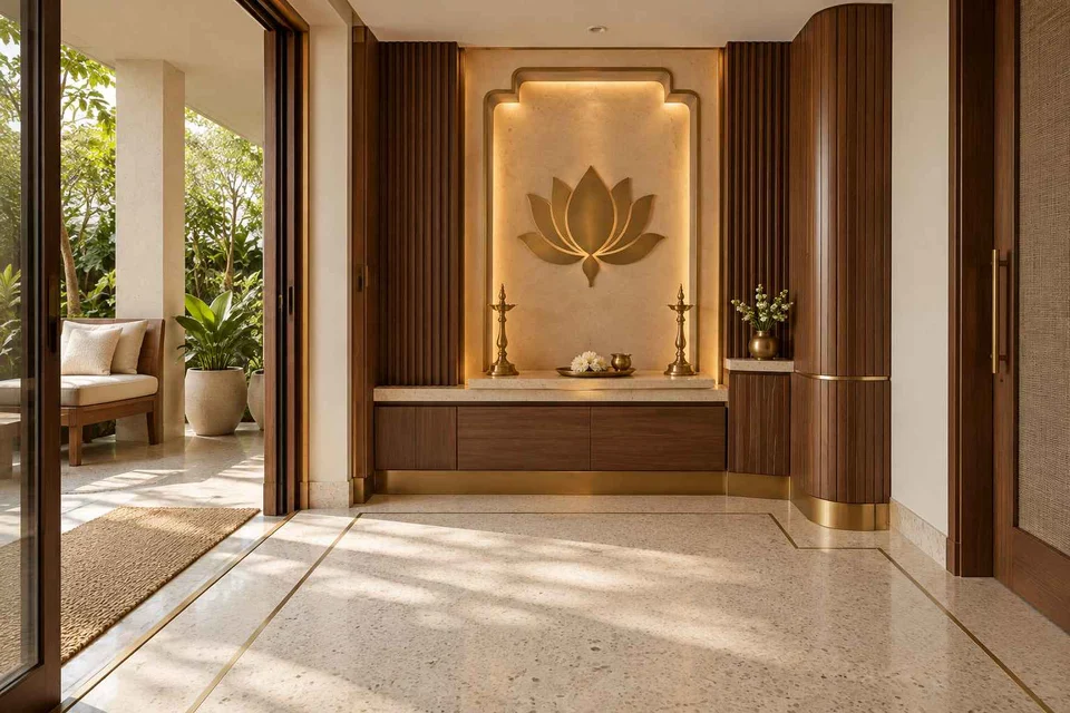 AI-generated puja room design concept: verandah-linked prayer room, urban deco direction