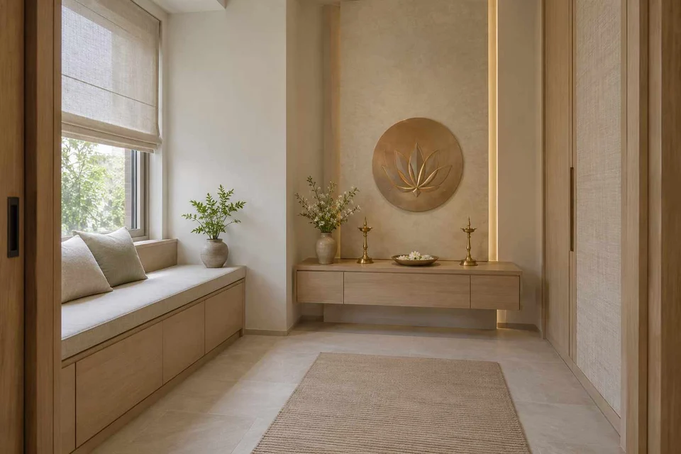 AI-generated puja room design concept: window bench prayer room, ash and linen direction