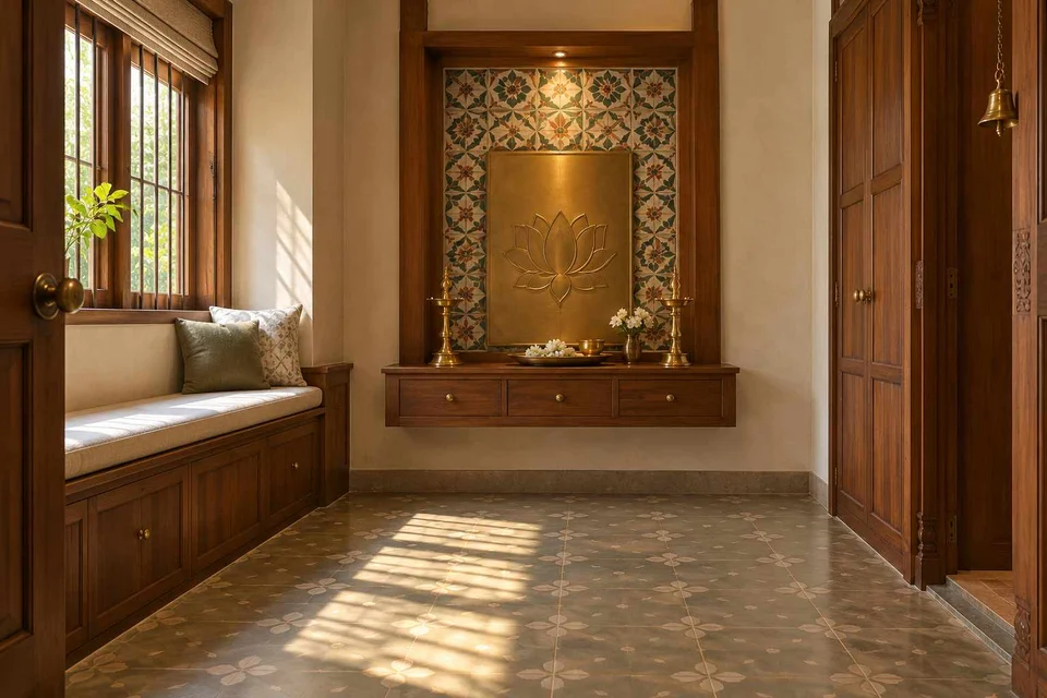 AI-generated puja room design concept: window bench prayer room, chettinad tile direction