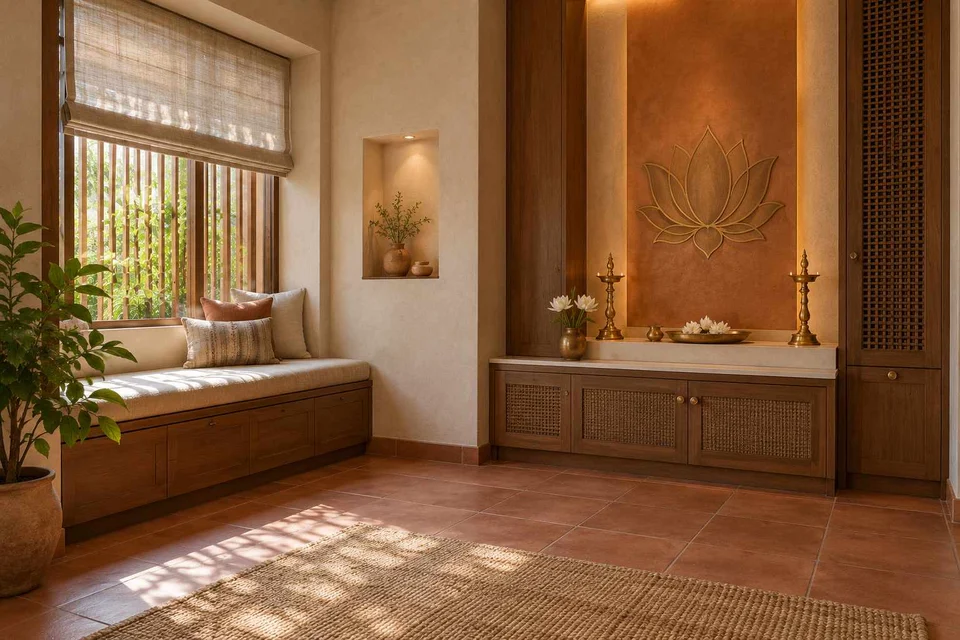 AI-generated puja room design concept: window bench prayer room, clay artisan direction