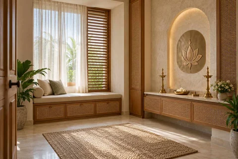 AI-generated puja room design concept: window bench prayer room, coastal woven direction