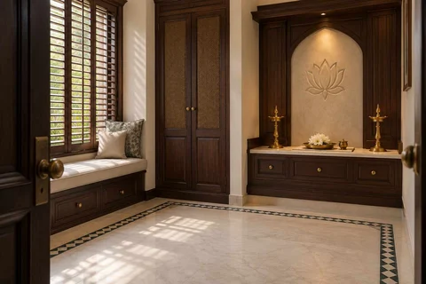 AI-generated puja room design concept: window bench prayer room, colonial quiet direction