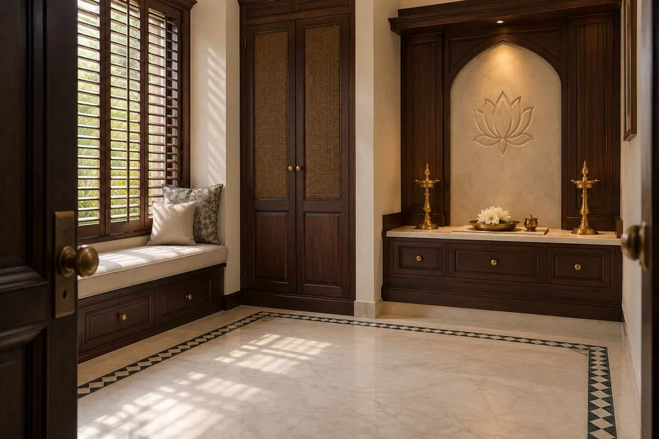 AI-generated puja room design concept: window bench prayer room, colonial quiet direction
