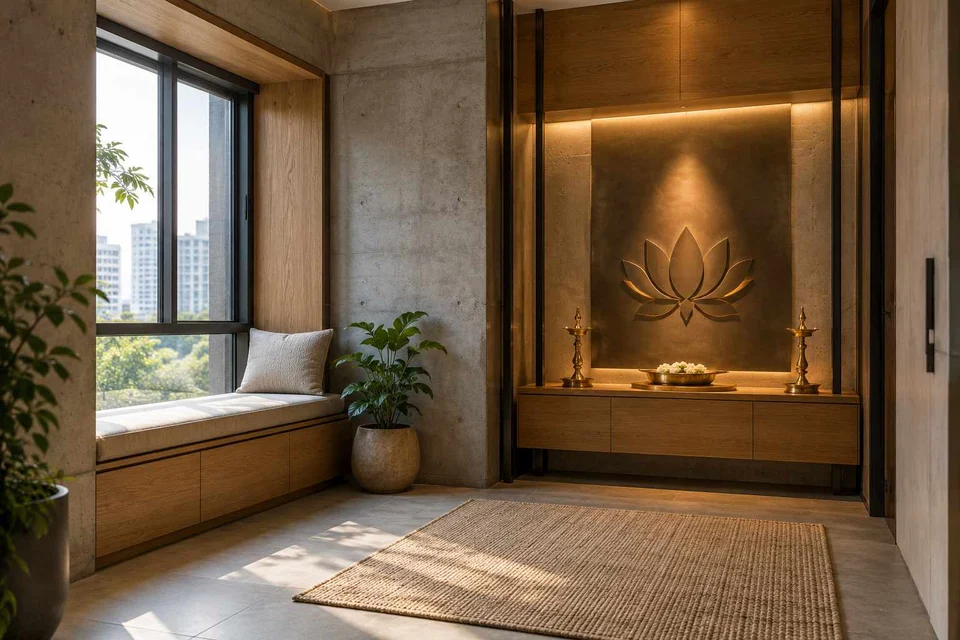AI-generated puja room design concept: window bench prayer room, concrete and oak direction