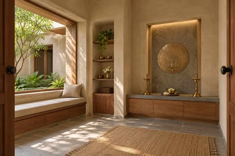 AI-generated puja room design concept: window bench prayer room, courtyard modern direction