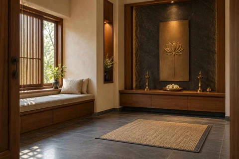 AI-generated puja room design concept: window bench prayer room, deccan stone direction