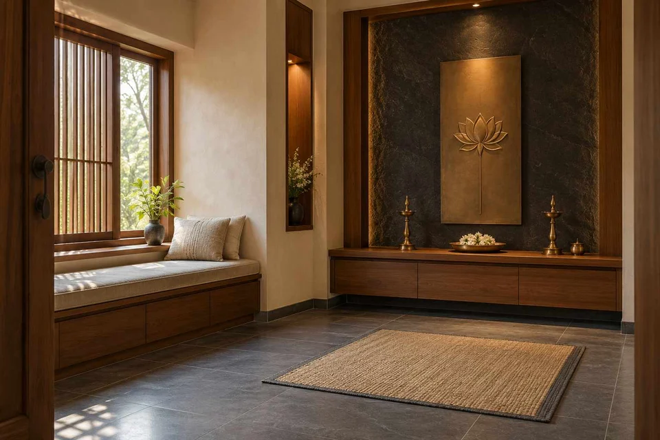 AI-generated puja room design concept: window bench prayer room, deccan stone direction