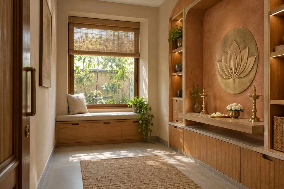AI-generated puja room design concept: window bench prayer room, earth and bamboo direction