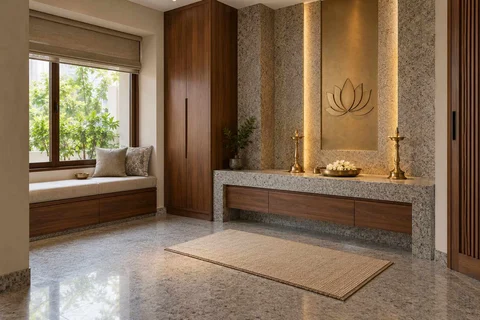 AI-generated puja room design concept: window bench prayer room, granite precision direction