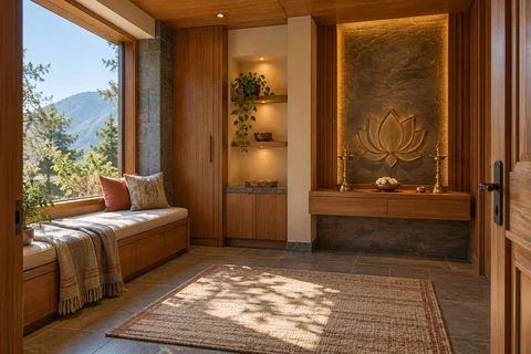 AI-generated puja room design concept: window bench prayer room, hill timber direction