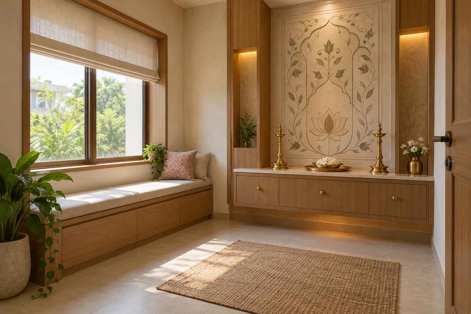 AI-generated puja room design concept: window bench prayer room, inlay atelier direction