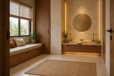 AI-generated puja room design concept: window bench prayer room, lime and walnut direction