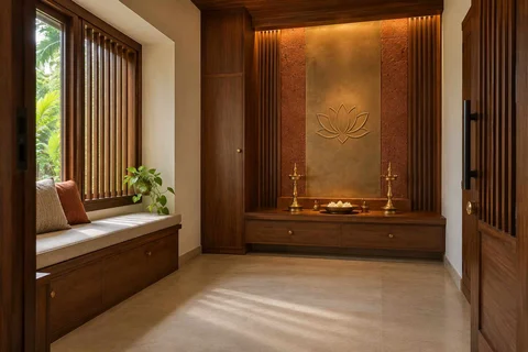 AI-generated puja room design concept: window bench prayer room, malabar timber direction
