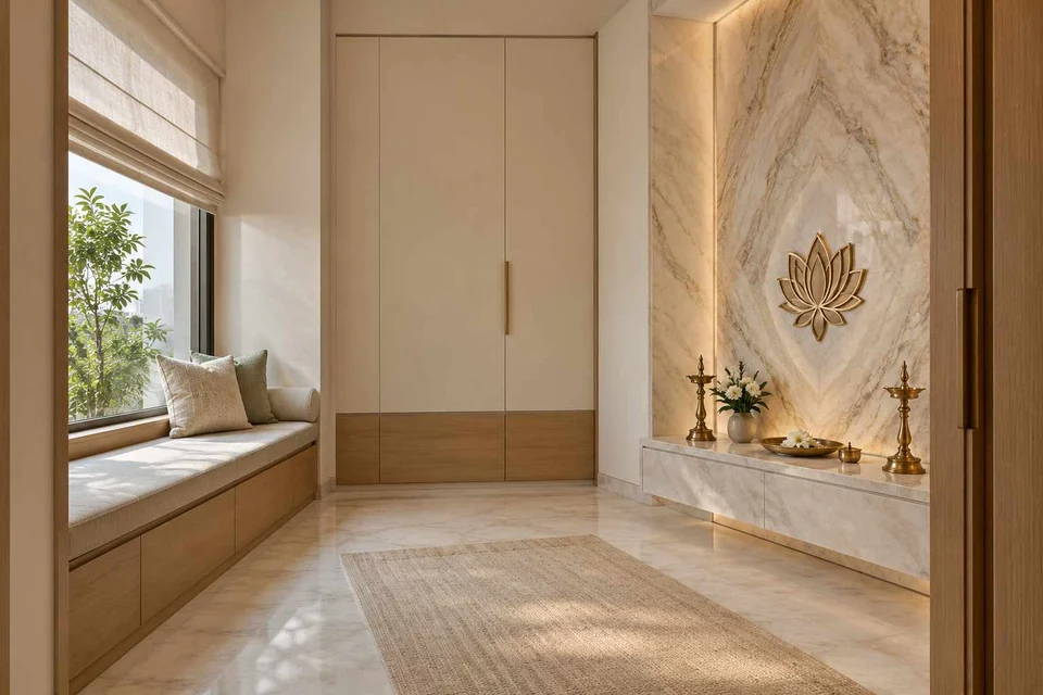 AI-generated puja room design concept: window bench prayer room, marble restraint direction