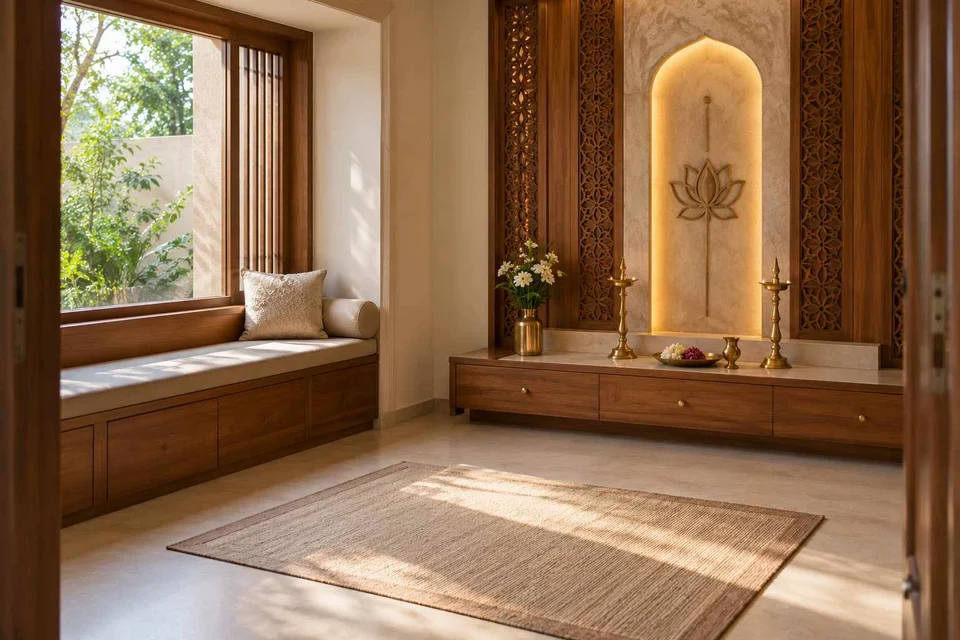 AI-generated puja room design concept: window bench prayer room, modern carved direction