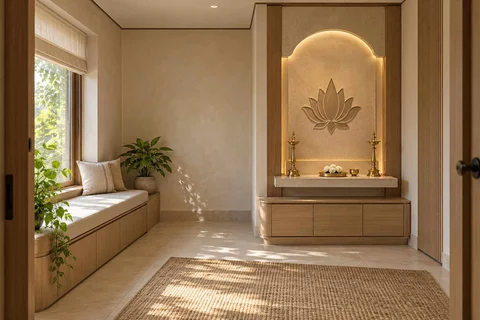 AI-generated puja room design concept: window bench prayer room, quiet contemporary direction