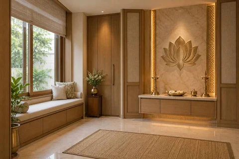AI-generated puja room design concept: window bench prayer room, quiet transitional direction