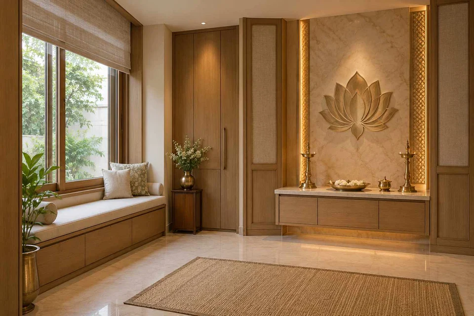 AI-generated puja room design concept: window bench prayer room, quiet transitional direction