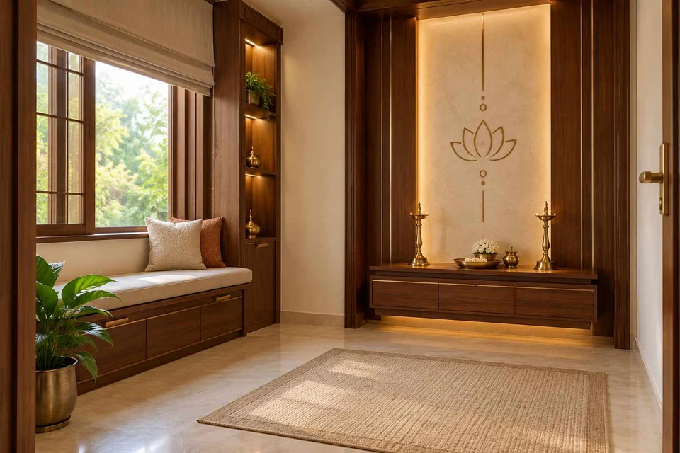 AI-generated puja room design concept: window bench prayer room, rosewood brass direction