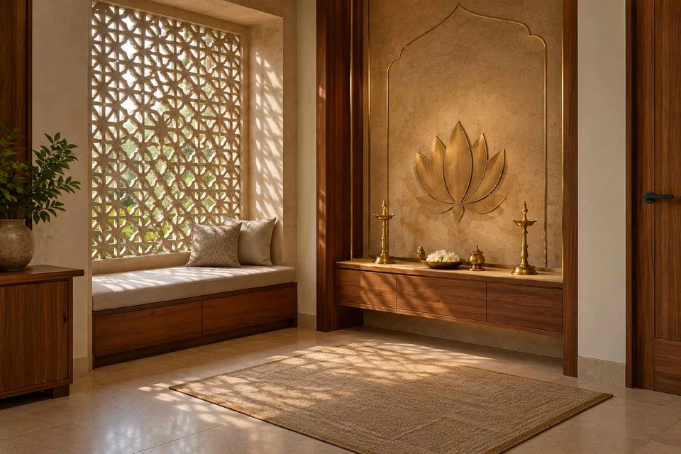 AI-generated puja room design concept: window bench prayer room, sandstone lattice direction
