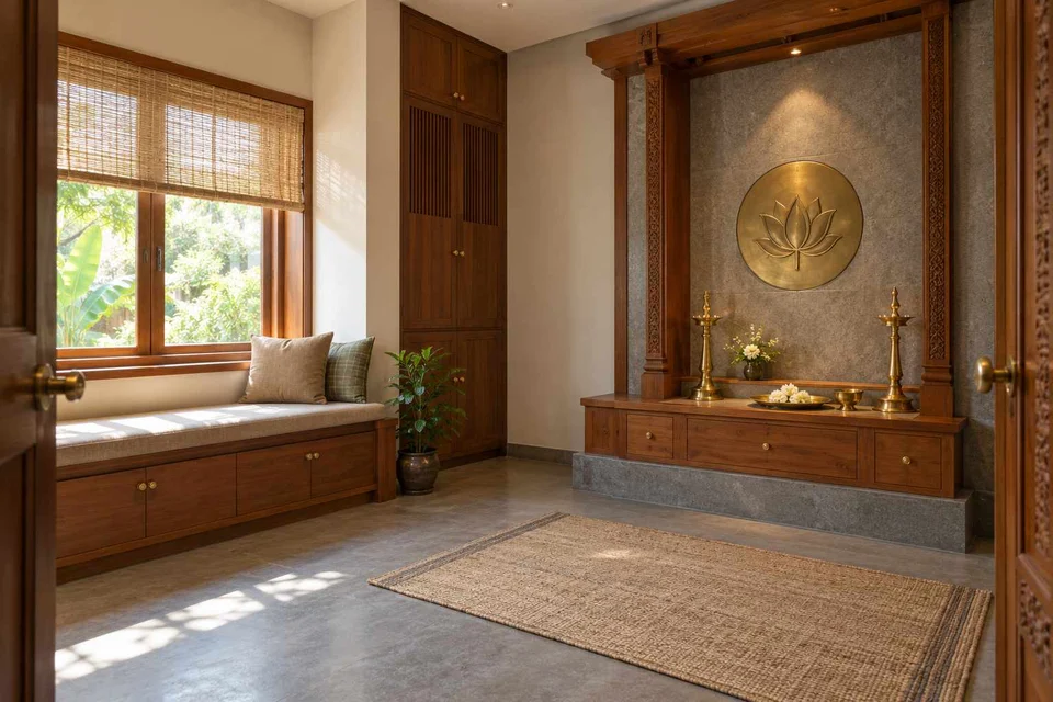AI-generated puja room design concept: window bench prayer room, teak craft direction