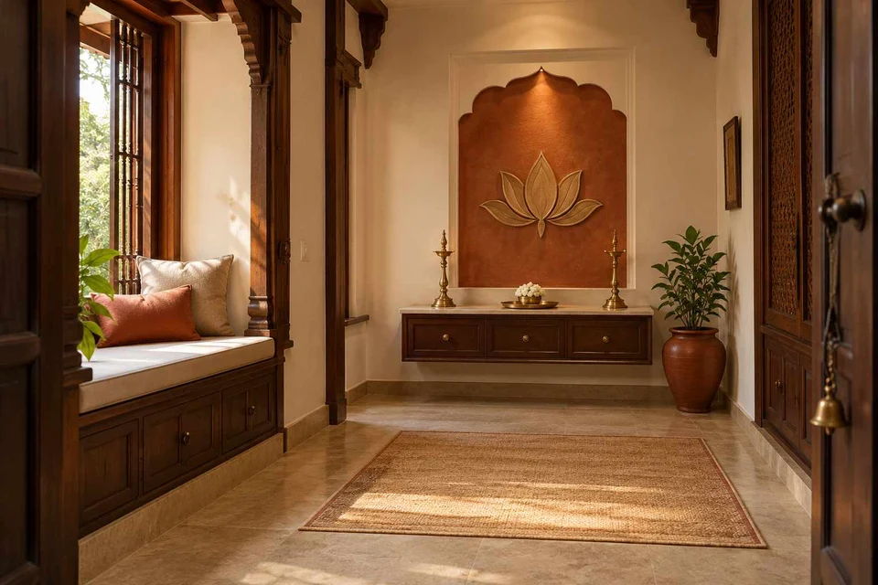 AI-generated puja room design concept: window bench prayer room, terracotta heritage direction