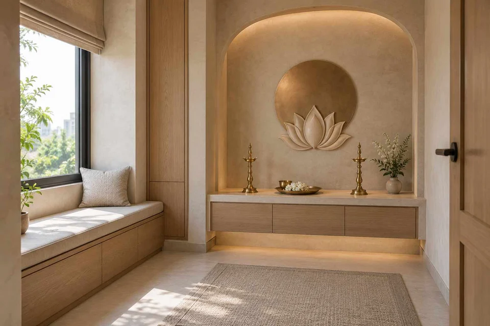 AI-generated puja room design concept: window bench prayer room, textured mineral direction
