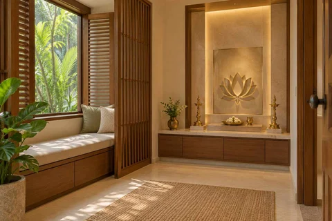 AI-generated puja room design concept: window bench prayer room, tropical slatted direction