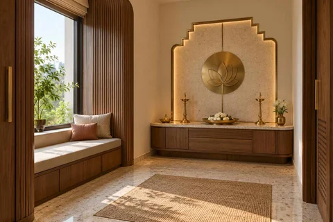 AI-generated puja room design concept: window bench prayer room, urban deco direction
