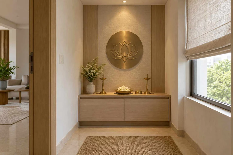 AI-generated puja room design concept: window-side niche, ash and linen direction